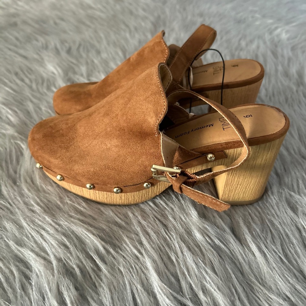 Time And Tru Heeled Mule Womens Size 6 Brown‎ Studded Slip On Shoes Heels